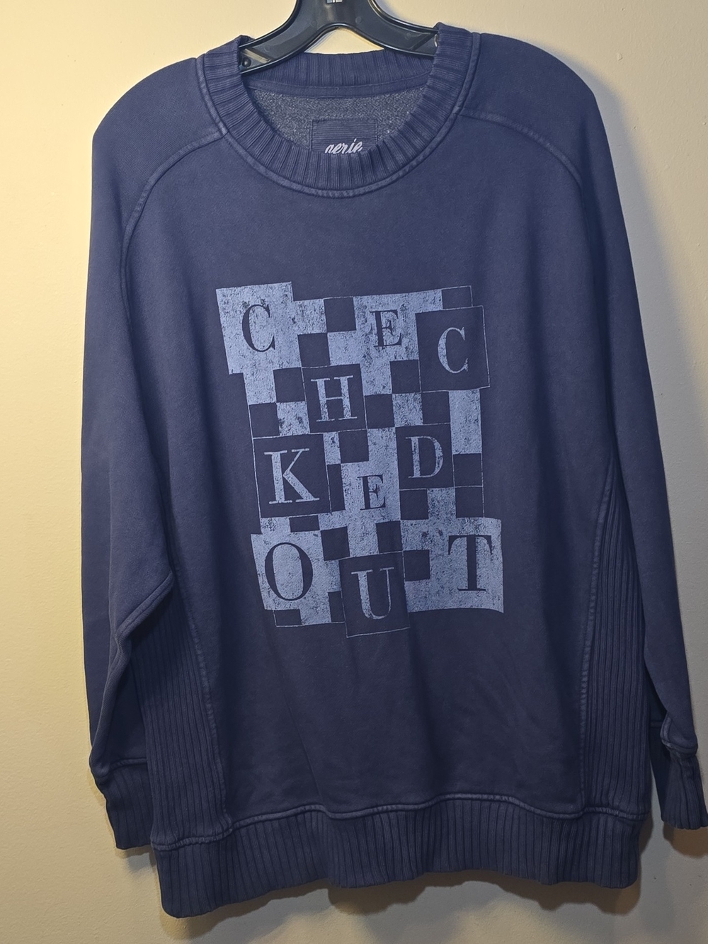 aerie Navy Graphic Checkboard Crewneck Sweatshirt